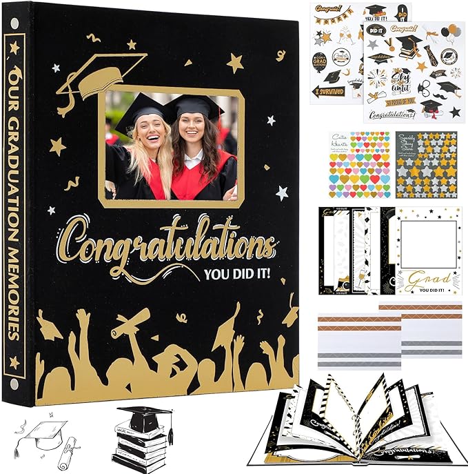 Pasimy Graduation Scrapbook Kit A4 Photo Album 60 Pages Removable DIY Memory Scrap Book Grad Picture Album with Stickers Holds 4x6 5x7 8x10 Pictures for Grad Class of 2026 Graduation Gifts(Classic)