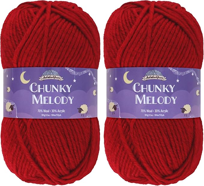 JubileeYarn Chunky Melody Yarn - 100g/Skein Bulky Wool Blend - Ruby Red - 2 Skeins
