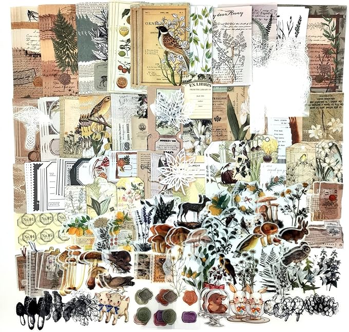 Esweny 260PCS Vintage Journaling Scrapbooking Supplies Scrapbook Sticker Paper Ephemera Pack for Junk Journal Planners Collage Craft Notebooks Album (Plants and Birds)