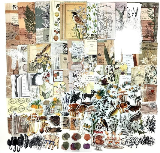 Esweny 260PCS Vintage Journaling Scrapbooking Supplies Scrapbook Sticker Paper Ephemera Pack for Junk Journal Planners Collage Craft Notebooks Album (Plants and Birds)