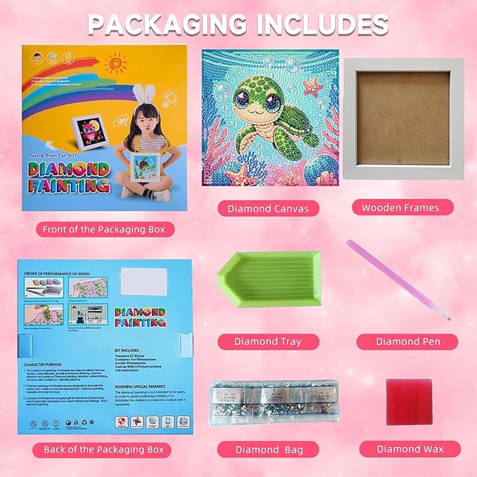 Sea Turtle Diamond Art Painting Kits for Kids with Frame, Turtle Diamond Art for Kids Ages 4-8-12 with Frame, Easy Small Cute Animal Gem Painting Kit for Gift Home Wall Decoration (7x7 inch)