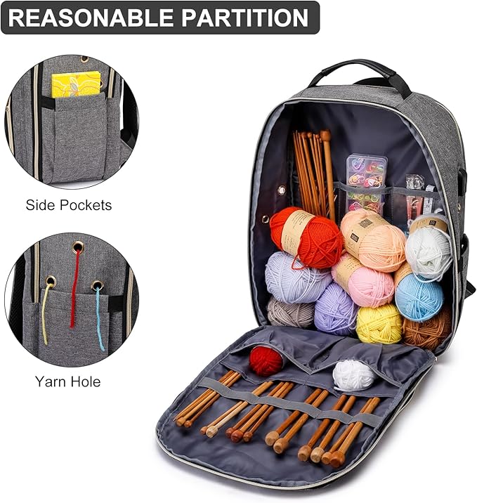 Liokesa Knitting Bag Backpack, Crochet Bag Tote, Large Yarn Storage Tote Bag with USB Charging Port, Yarn Holder Case for Carrying Projects, Knitting Needles, Yarn Supplies, Grey