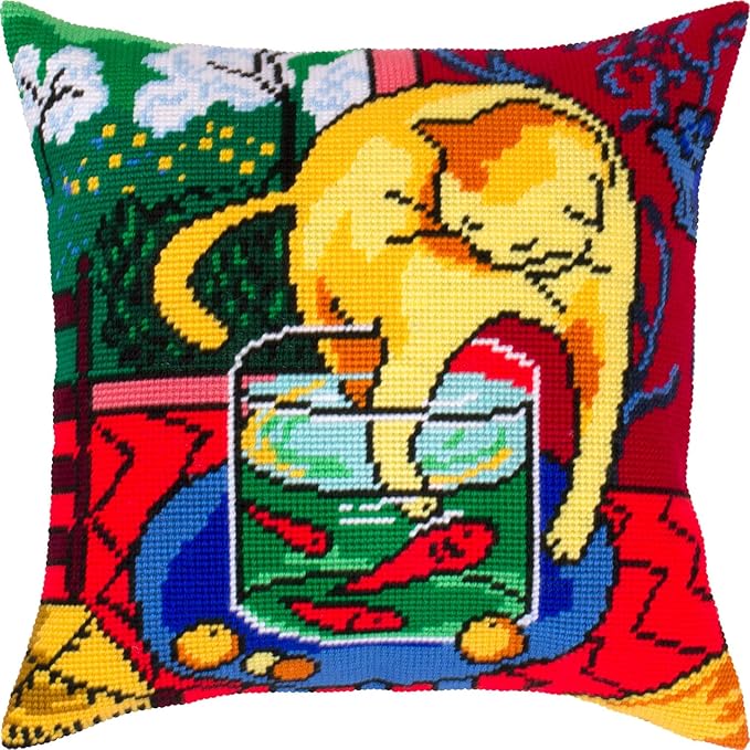 Brvsk Artistic Embroidery Kit for Adults and Beginners — Cat with Fish 16″ × 16″ with Clear, Precise Printed Design on Cotton Canvas; Includes 2 Needles, Yarn, and Easy-Read Chart