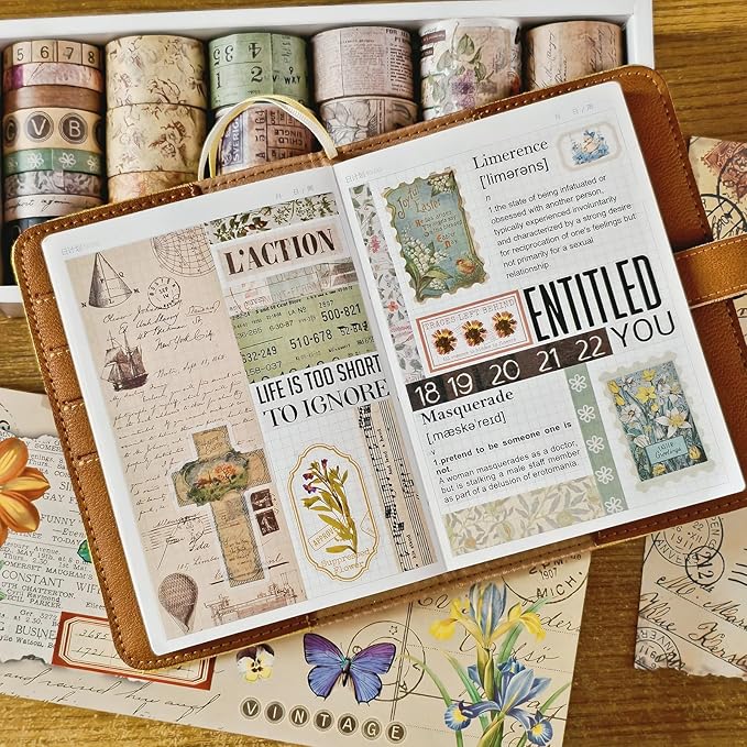 32 Rolls Vintage Washi Tape, Aesthetic Colored Decorative Cute Scrapbook Tape for Scrapbooking Supplies Journaling Craft Junk Journal