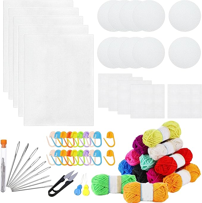 Allazone 45 PCS Mesh Plastic Canvas Sheets Kit, 3 Shape Clear Plastic Canvas, 12 Color Acrylic Yarn for DIY Crafts Embroidery Cross Stitch, Acrylic Yarn Crafting, Knit and Crochet Projects