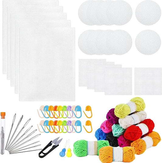 Allazone 45 PCS Mesh Plastic Canvas Sheets Kit, 3 Shape Clear Plastic Canvas, 12 Color Acrylic Yarn for DIY Crafts Embroidery Cross Stitch, Acrylic Yarn Crafting, Knit and Crochet Projects