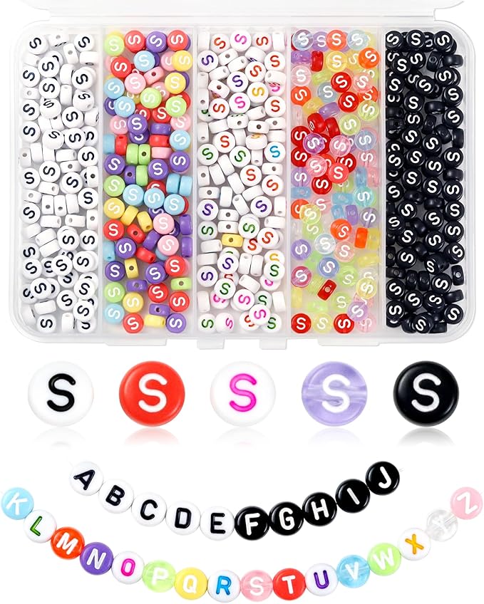 500PCS FIVEIZERO Letter S Beads, 4x7mm Colored Round Letter Beads, Acrylic Assorted Alphabet Beads for Friendship Bracelet Making and DIY Crafts