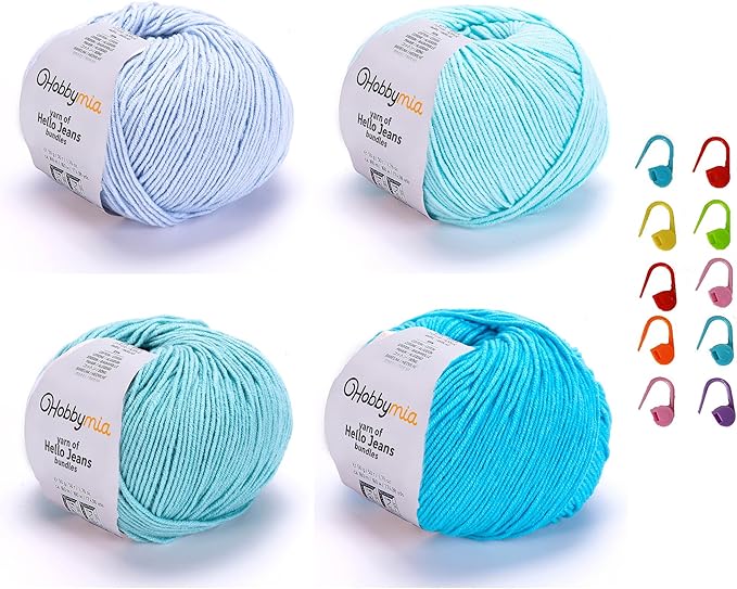 Cotton Yarn Kit - 4 Multicolor Balls Soft Sport Weight Yarn for Crochet & Amigurumi - 50g / 175yds Each & 10 Stitch Markers (H20 - Baby Blue)