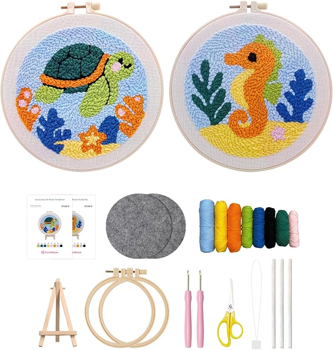 Punch Needle Kit for Beginner, 2-Pack Turtle & Sea Horse Punch Embroidery Starter Set with Instructions – Yarn Needle Punch Craft for Xmas Gift Idea & Home Wall Decor
