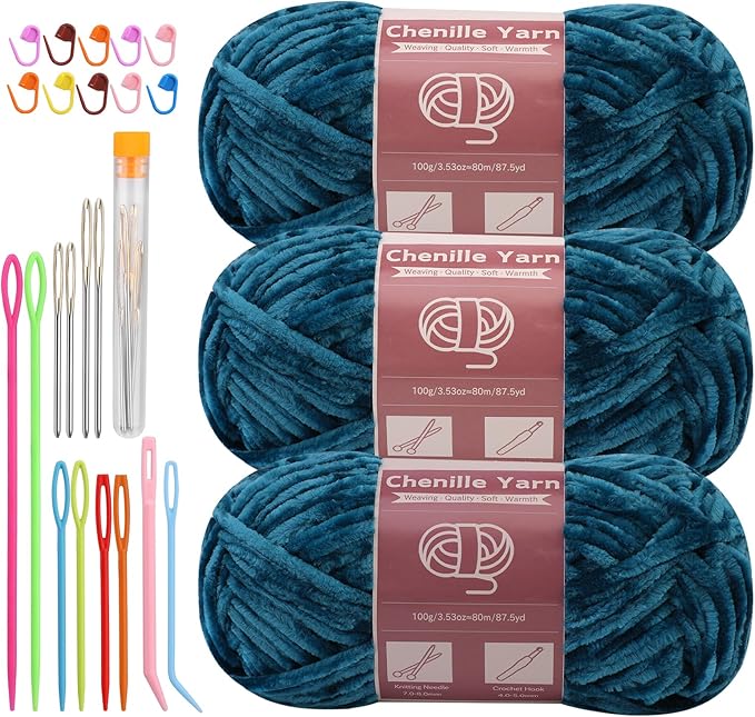LUNARM Chenille Yarn for Crocheting Knitting, 3 Skein 263 Yard Thick Soft Chunky Fluffy Weaving Plush Yarn for Blankets Clothes Pattern Creations with Big Eye Needles (Marine Green)