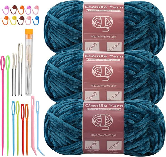 LUNARM Chenille Yarn for Crocheting Knitting, 3 Skein 263 Yard Thick Soft Chunky Fluffy Weaving Plush Yarn for Blankets Clothes Pattern Creations with Big Eye Needles (Marine Green)