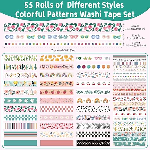 Mooker 55 Rolls Holiday Washi Tape Set - Decorative Tape Seasonal Bohemian Colored Tape, Cute Washi Tapes for Journaling Supplies, Scrapbooking Supplies kit, Summer Scrapbook Supplies