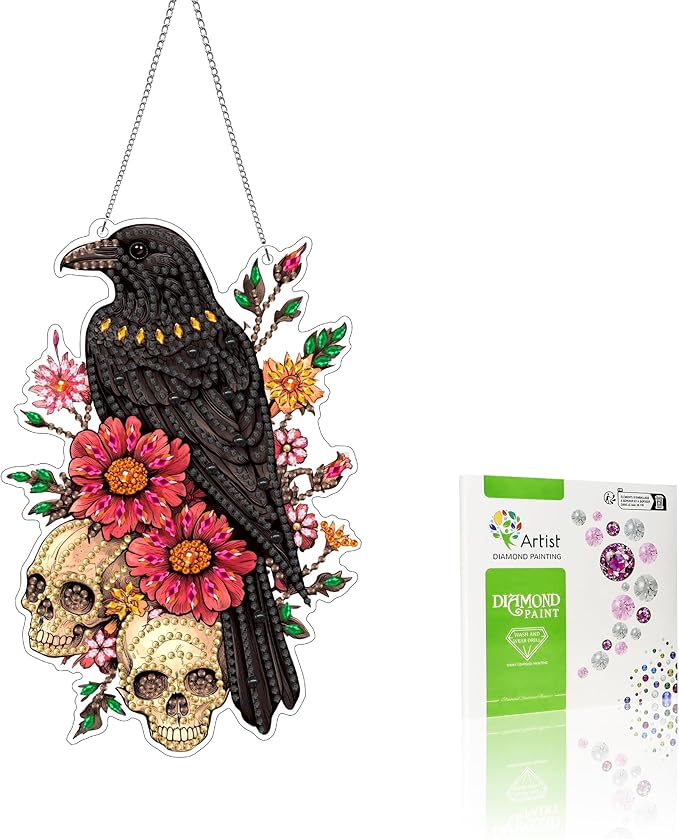 VAIIEYO Skull Diamond Art Hanging Ornament, Crow Flower Diamond Painting Suncatchers Window Hanging Kit with Chain, 7.5x7.5 inch Crystal Pendant Art Craft for Gift Home Wall Front Door Decoration