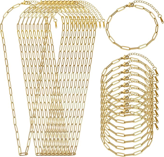 SMYHTGLIF 20 Pack Paperclip Chain Bulk Necklace Bracelet for Jewelry Making 4mm Gold Plated Stainless Steel Necklace Bracelet for Women