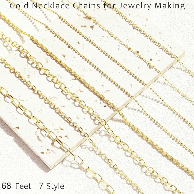 ZYEHXED Gold Necklace Chains for Jewelry Making, 68 Feet 7 Style Necklace Jewelry Chains for DIY Necklaces Bracelets Craft Making Supplies with Jump Rings Lobster Clasp Connectors Soft Tape Measure