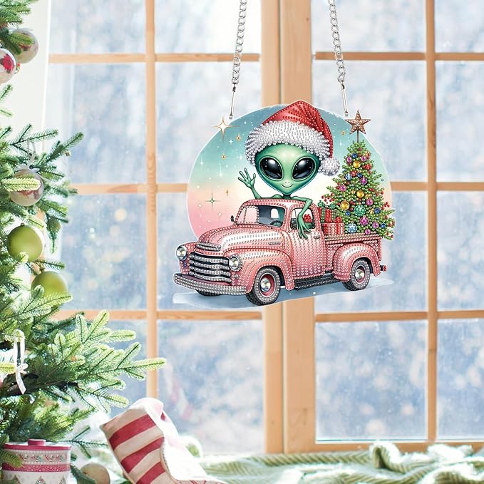 Alien Diamond Painting Hanging Ornament Kit, 5D DIY Christmas Truck & Tree Pendant Decoration with Santa Hat, Crystal Diamond Art Kit for Adults Home Wall Door Window Xmas Decor (24.1x22.6cm)