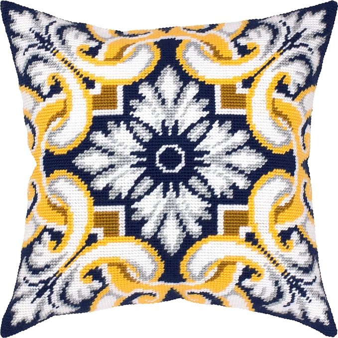 Brvsk Ornamental Stamped Cross-Stitch Kit for Adults and Beginners — Tiara 16″ × 16″ with Clear, Precise Printed Design on Cotton Canvas; Includes 2 Needles, Yarn, and Easy-Read Chart