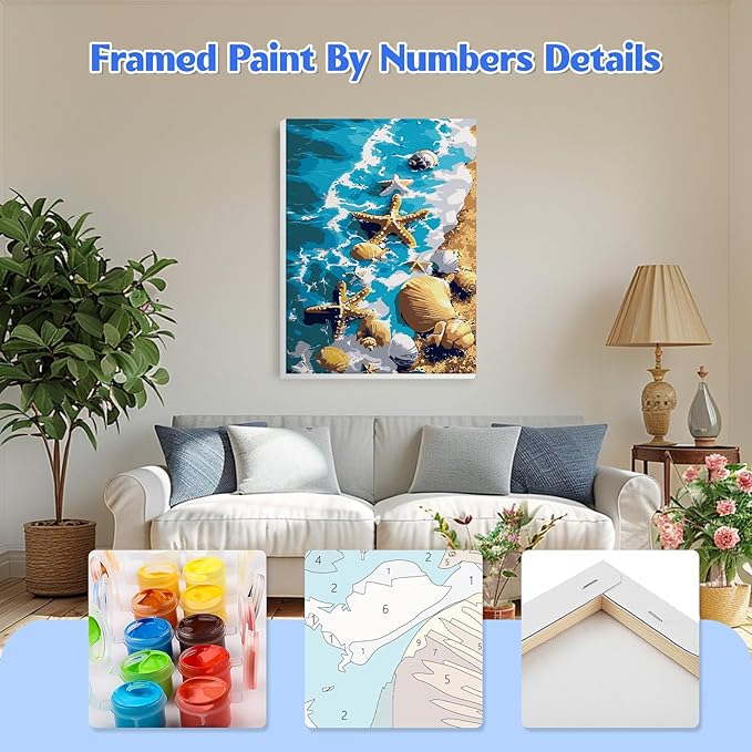 GHHKUD Starfish Paint by Numbers with Frame for Adults Beginners, DIY Seaside Landscape Paint by Numbers for Age 6-12, Art on Canvas Gifts Home Wall Decor 8x12in