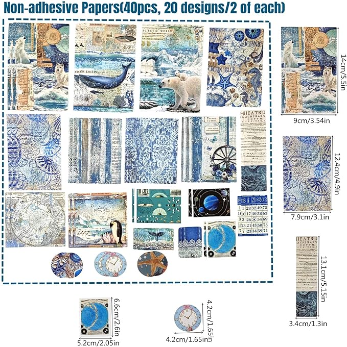 Esweny 100 PCS Vintage Ephemera Pack Journaling Scrapbooking Supplies Scrapbook Sticker Paper Kit for Junk Journal Planners Collage Craft Notebooks Decoupage Album (Ocean)