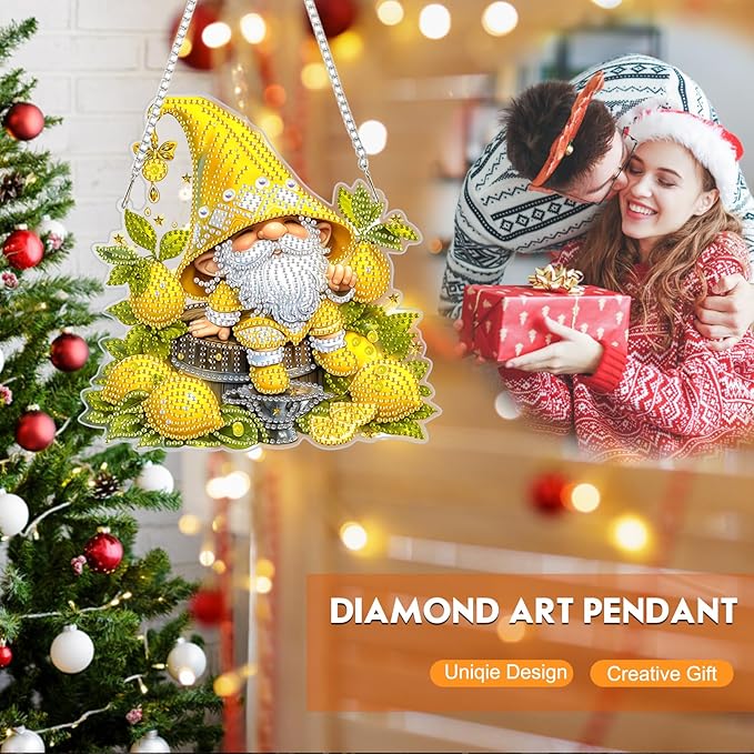 NEWENMO Diamond Art Hanging Kit for Adult, Lemon Gnome, DIY Double Sided Acrylic Special Shaped Diamond Art Painting Window Pendant Lemon Party Gnome, Home Garden Wall Hanging Ornament Kits