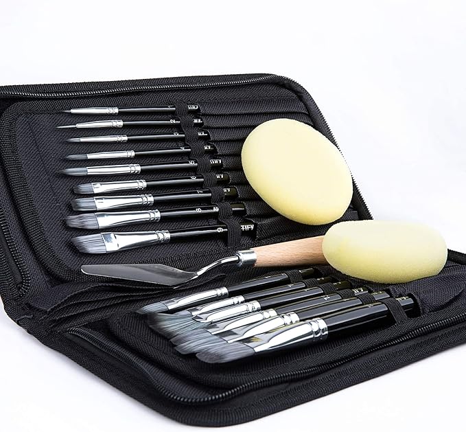 18 Piece Paint Brush Set, ARTIFY 15 Acrylic Paint Brushes, Palette Knife, and 2 Sponges, Professional Artist Paint Brushes for Acrylics, Watercolors, Gouache, Canvas, and Face Painting,Black
