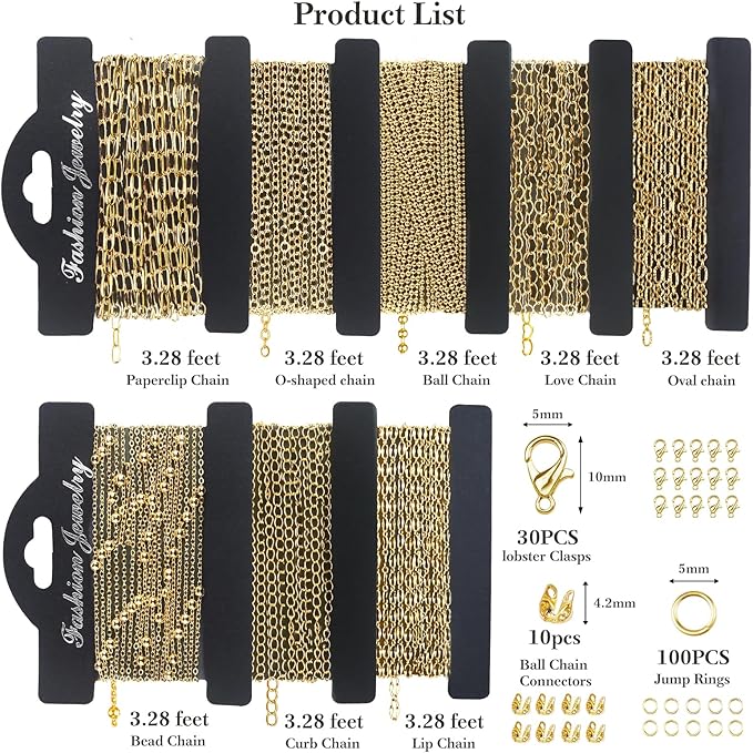14k Gold Necklace Chains for Jewelry Making, Total 27 Feet 8 Rolls Bracelet Chains for DIY, 3.3 Feet Each Style, 14K Gold Plated Chain with Jump Rings/Lobster Clasps/Connectors