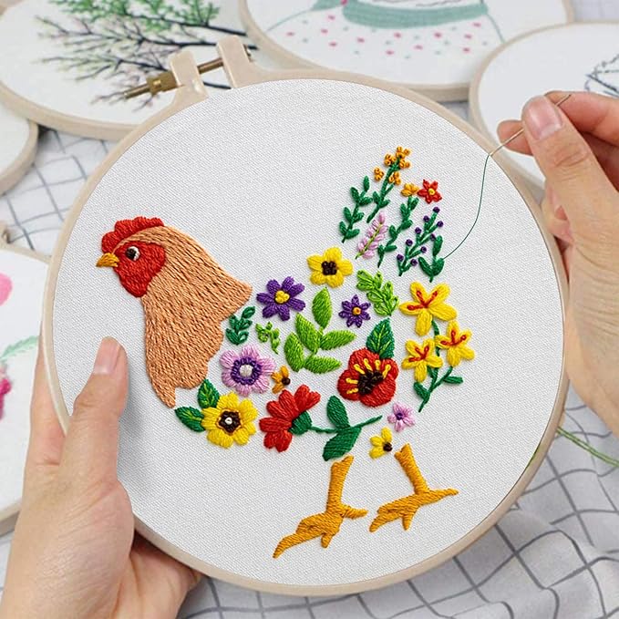 louise maelys embroidery kit canvas tote bag for beginners,cross stitch kits for adults,diy hen flowers pattern,women shopping reusable grocery bags