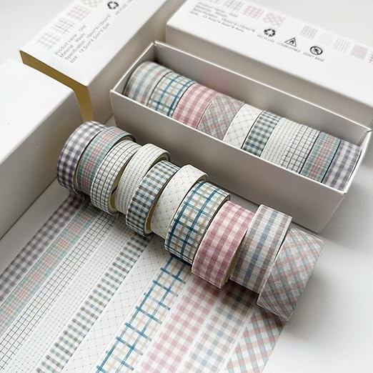 YUBBAEX 10 Rolls Vintage Washi Tape Set Basic Masking Retro Artwork Decorative Tapes for Arts, DIY Crafts, Journals, Planners, Scrapbook, Wrapping (Grid)
