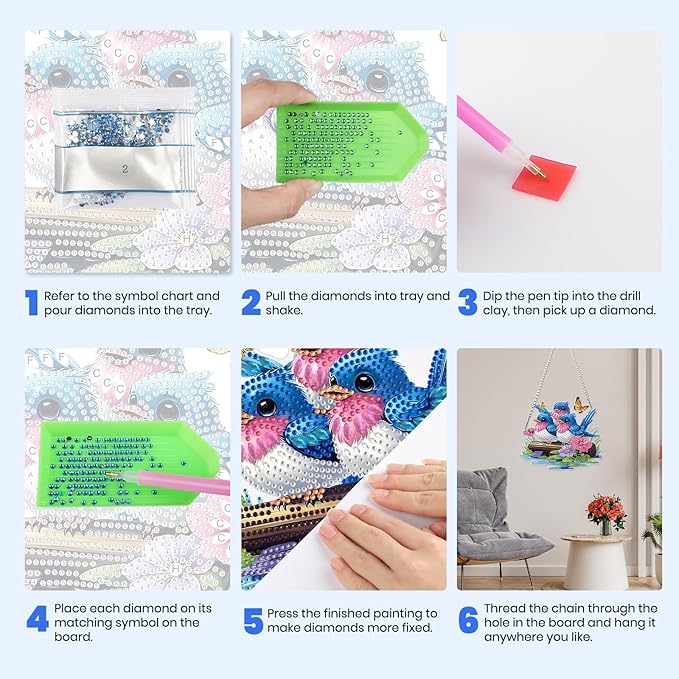 MXJSUA Blue Birds Diamond Art Hanging Kits for Adults Beginners, DIY Acrylic Special Shaped Crystal Animals Diamond Gem Art Pendant Drills Painting Ornament for Home Wall Decor and Gift