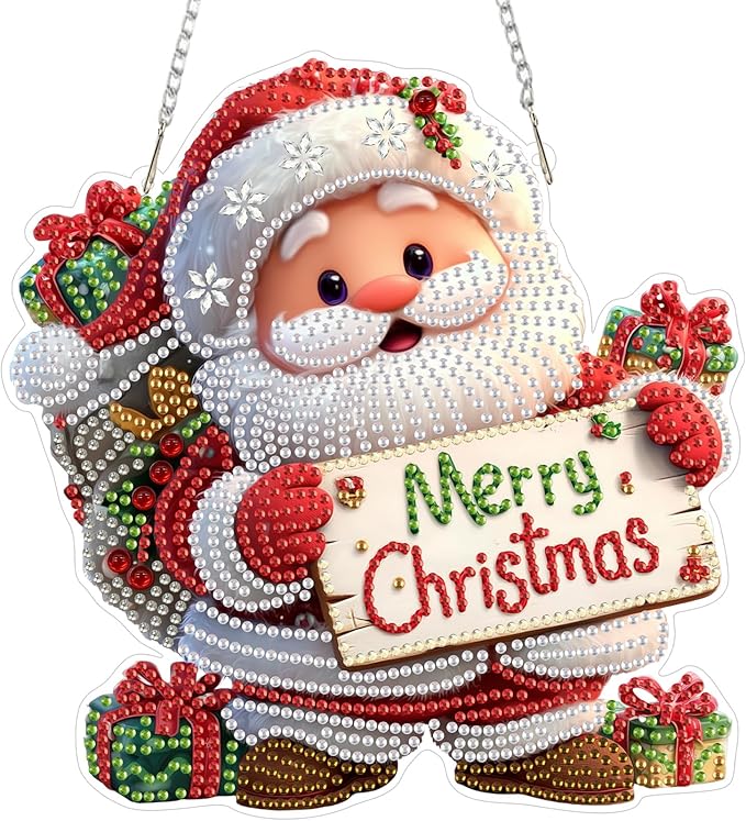 MEIYUDA Christmas Santa Claus Diamond Art Hanging Kits for Adult, Merry Christmas Diamond Painting Kits Ornaments, DIY Special Shaped Rhinestone Window Pendants kit for Home Garden Wall Decor Gift