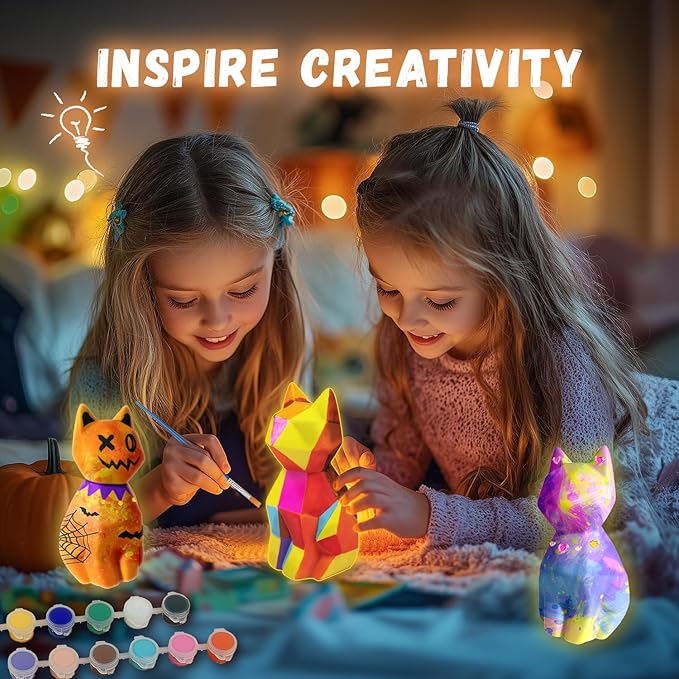 Cokiki Paint Your Own Cat Lamp Kit, Art Supplies DIY Cat Crafts Night Light Painting Kit, Arts and Crafts for Kids Ages 8-12, Holiday Gift for Girls Boys Ages 6 7 8 9 10 11 12+