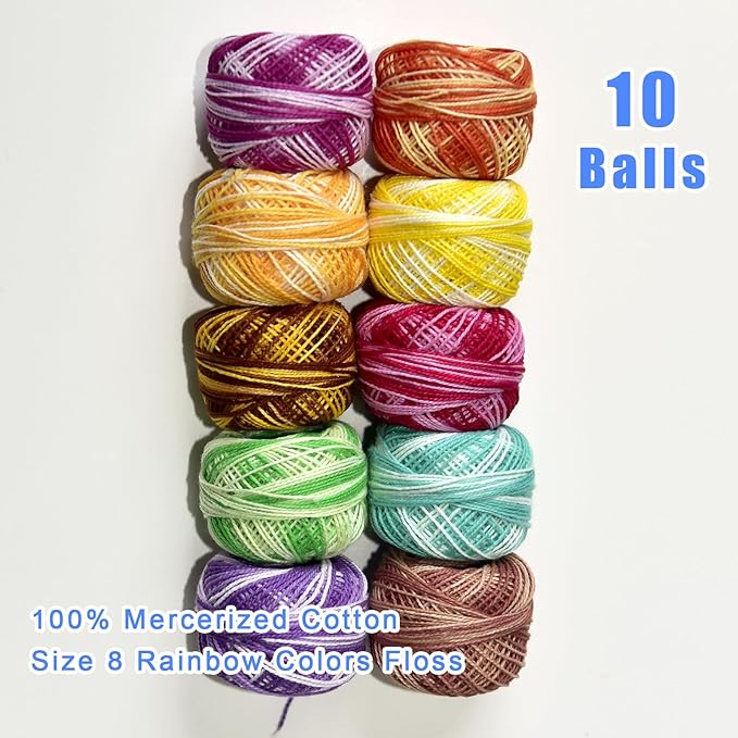 Crochet Thread 10 Balls Cardinal Size 8 for Crochet Hardanger Cross Stitch Needlepoint Hand Embroidery (Variegated Light Colors Series)