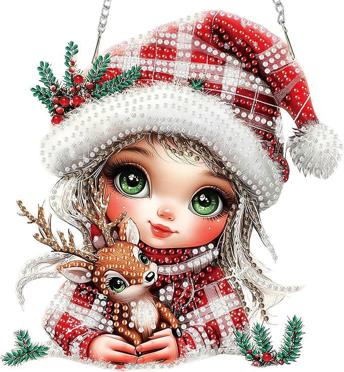 Miwixy Christmas Hanging Diamond Art Kits for Adults,Cute Xmas Deer Special Shaped Crystal Fairy Diamond Painting Ornament Kit DIY Double-Sided Pattern Window Pendant Gem Art Kit for Home Wall Decor