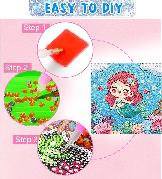 Dlylust Mermaid Diamond Art Kits for Kids with Frame, Gem Art for Kids Ages 4-8-12, Easy Diamond Painting Kit with Beautiful Package for Gift Home Wall Decor