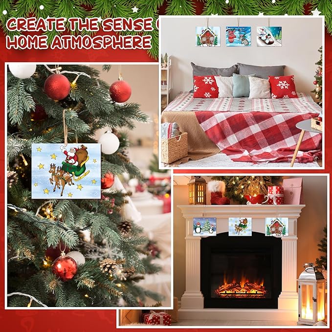 COCHIE 10 Pieces Large Christmas Unfinished Wood Crafts to Paint for Adults, Bulk Winter Predrilled Wooden Ornaments for Painting, Peppermint Candy House Paintable Wood Slices Craft Supplies
