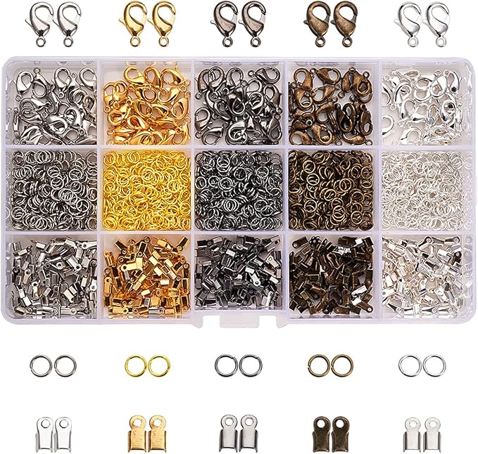 PH PandaHall 1800 Pcs Jewelry Finding Kits, 5 Colors Cord Ends Lobster Claw Clasps 5mm Jump Rings for Earring Bracelet Necklace Pendants Jewelry DIY Craft Making, 24 Styles/Set