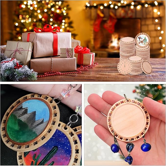 kukmakri 50 PCS Natural Wood Slices - 2.2 Inch Unfinished Wood Discs Craft Kit, Predrilled with Hole Wooden Circles, Ideal for Christmas Ornaments, DIY Wooden Crafts, and Handmade Art Supplies