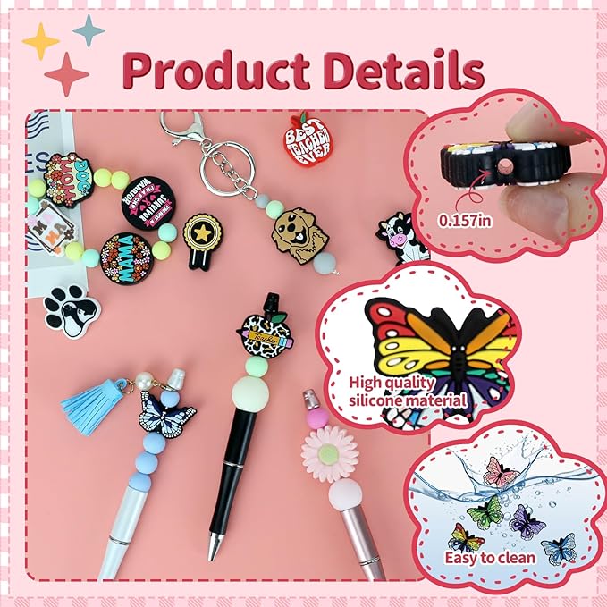 12pcs Silicone Focal Beads for Keychain, Pen, Bracelet and Necklace Making - Butterfly Shaped Crafts (Colorful Butterfly)