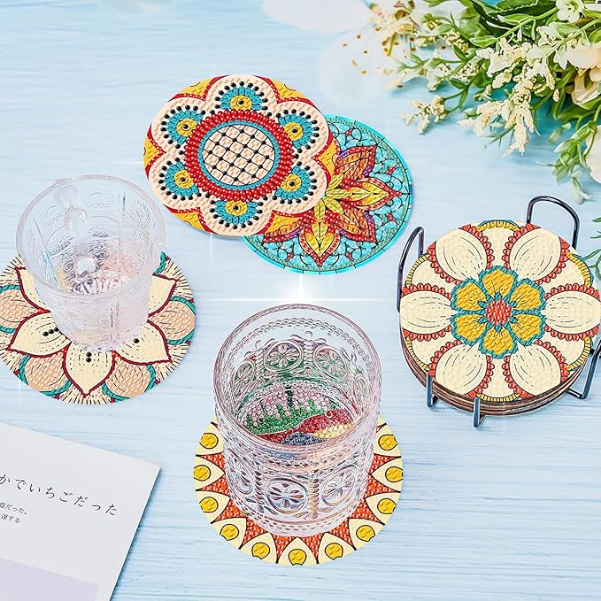 8 Pcs Mandala Diamond Art Coasters Kit with Holder, DIY Mandala Diamond Painting Coasters for Beginners Adults, Non Slip Diamond Art Kits Craft Supplies 4x4inch