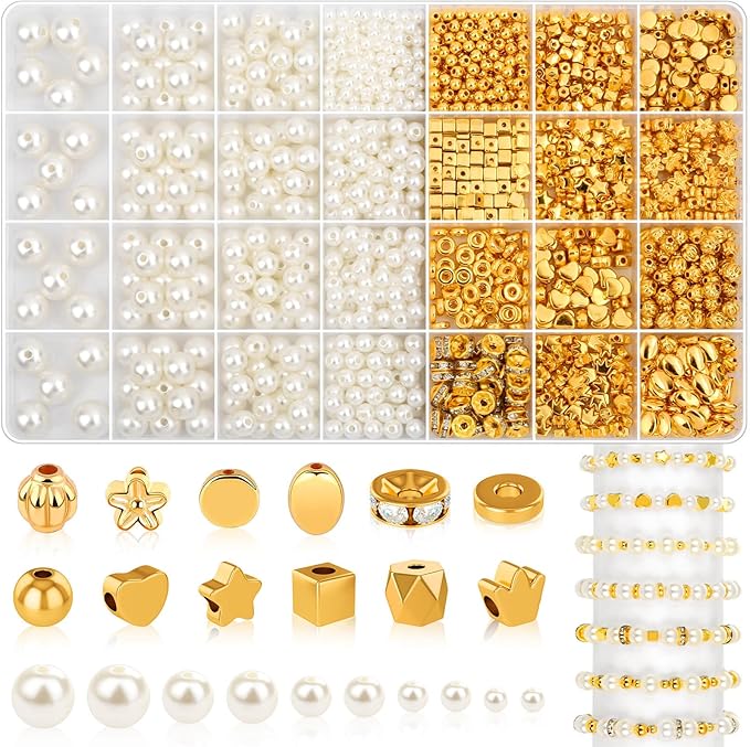 1352 Piece Gold Spacer and Pearl Beads for Bracelets, Assorted Gold and Pearl Beads for Jewelry Making