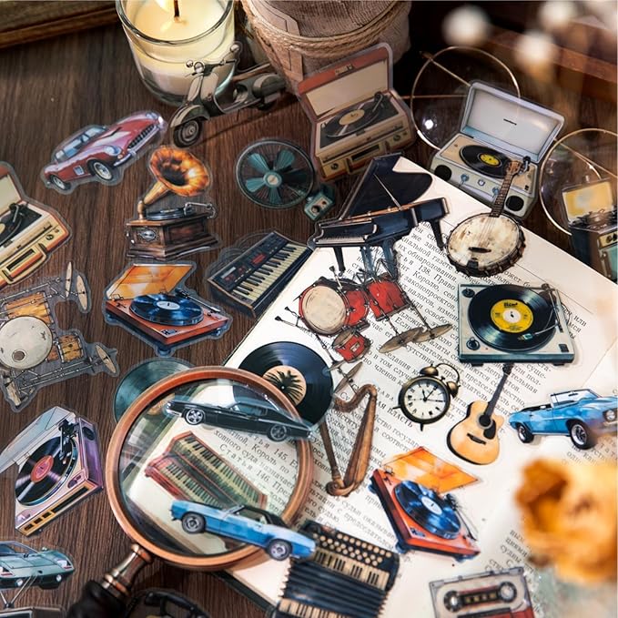 Doukado 120 Pieces Vintage Decorative Journaling PET Stickers, Phonograph Car Musical Instruments Furniture Scrapbook Sticker for DIY Crafts, Junk Journal, Crafting, Art Projects and Decoration