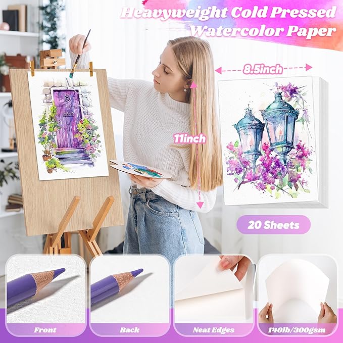 8.5"x11" Watercolor Paper, Loose Drawing Paper, 140lb/300gsm Water Color Paper for Drawing, Coloring, Painting, Sketching, Crafting, Art Office School Supplies for Kids Adults, Valentine Gift Card