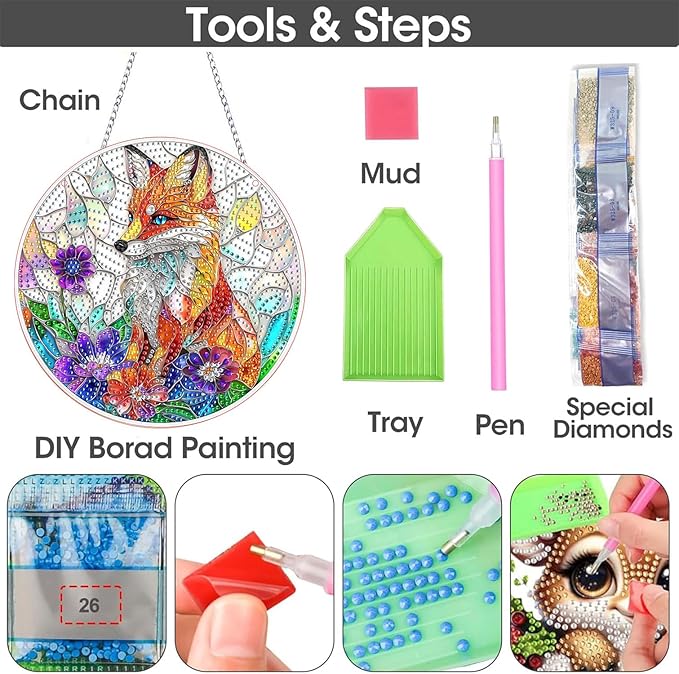 SKRYUIE Fox Hanging Diamond Art Kits for Adults Pendant Suncatcher, Special Shaped Crystal DIY Pearl Diamond Painting Kit, Gift for Mother Spring Summer Window Wreath Decor 7.48 x 7.32 Inch A35