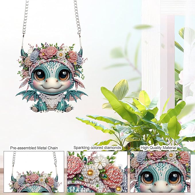 AiYuanzsh Diamond Art Painting Kits Hanging Pendant, Animal Baby Dragon Diamond Art Hanging Sign DIY Special Shaped Crystal Pendant Ornaments for Door Wall Window Home Xmas Halloween Decor