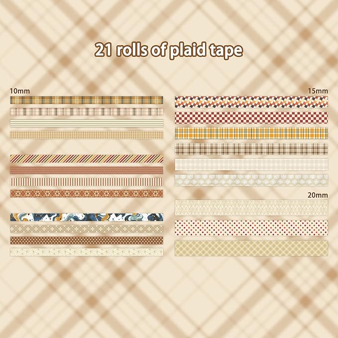 21 Rolls Vintage Brown Washi Tape Set - Checkered/Striped/Polka Dot Decorative Tape for Scrapbooking, Journaling, Junk Journal, Craft Supplies, Retro Aesthetic Gift for Handmade Lovers