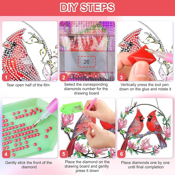 QENSPE DIY Hanging Diamond Painting Pendant Kit Cardinal,Magnolia Diamond Art Ornament Kit Acrylic Board for Window,Easy Crystal Pendant Gem Art for Home Garden Wall Decor,20x20cm