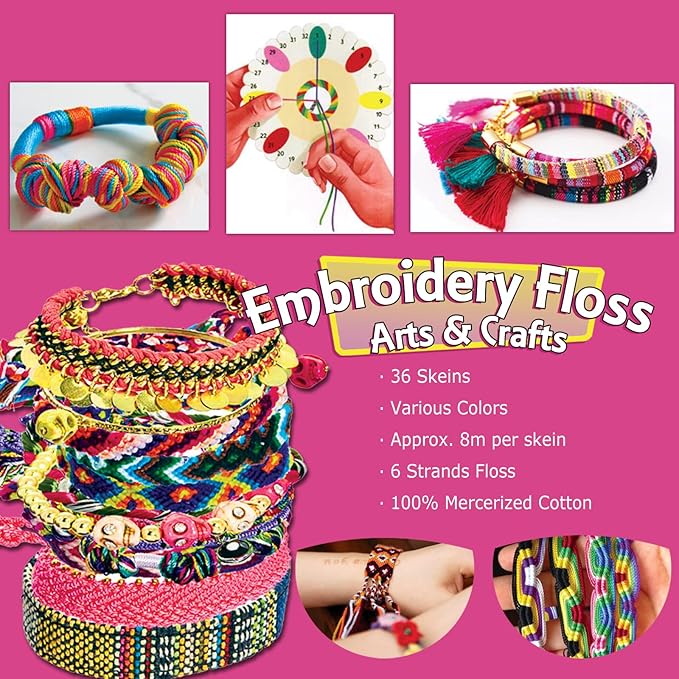 Embroidery Floss Friendship Bracelets Floss 36 Skeins Per Pack dy le paon Crafts Floss Cross Stitch Threads and Free Set of Free Friendship Wheel 100% Long Staple Cotton