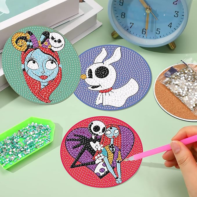 8Pcs Diamond Painting Coasters with Holder,DIY Halloween Life Coaster Diamond Art Kits for Adults, Full Drill Rhinestone Painting Kits for Adults & Kids,Beginners Art Craft Supplies