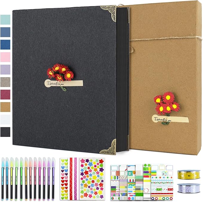 Vienrose DIY Scrapbook Photo Album Kit with Pens Tapes and Stickers 60 Pages Hardcover 8.5x11 Inches 3 Rings Removable Black Paper Scrapbooking for Lover Friends Kids Wedding Black