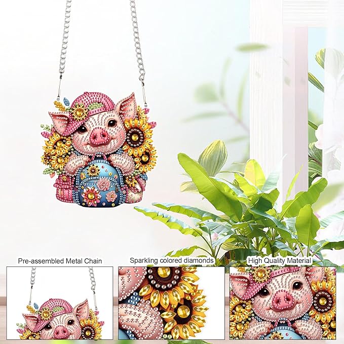AiYuanzsh 5D DIY Acrylic Special Shaped Diamond Painting Pendant Kit - Sunflower & Pig Design, Hanging Window Ornament for Home Decoration & Gifts